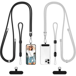 SS Cell Phone Lanyard, 2 Pack Adjustable Phone Lanyard Crossbody Neck Strap & 2 Phone Wrist Strap with 2 Phone Tether Patches for Most Smartphones, Black Grey