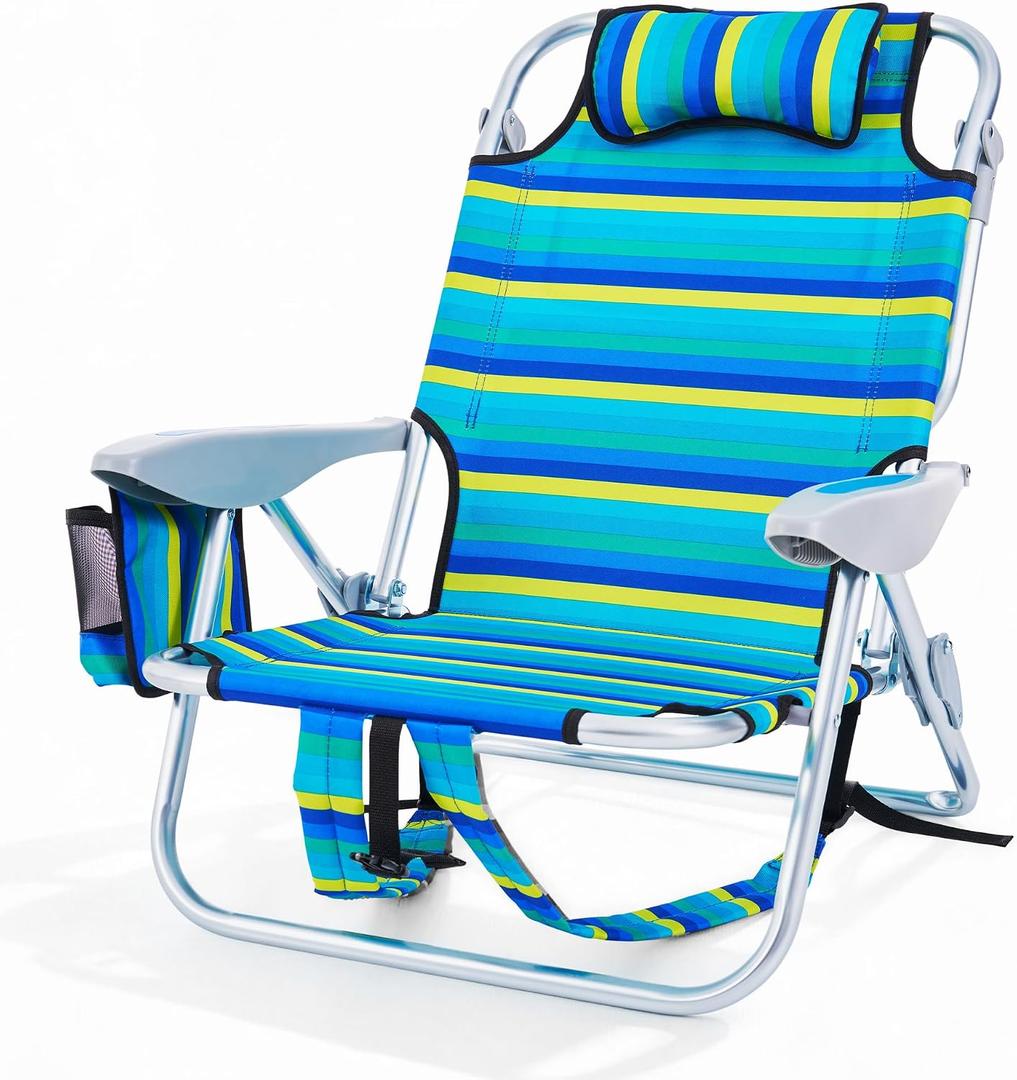 Portable Beach Chair for Adults, Outdoor Lightweight Camping Chair Lay Flat Folding Backpack Beach Reclining Chair with 5 Positions, Headrest, Zipper Pouch, Cup Holder, NEW Striped, 22 inches x 21 inches x 31 inches