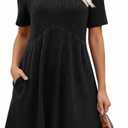 Ulovmi Women's Summer Casual Flowy A-Line Dresses Short Sleeve Ribbed Knit Swing Dress T-Shirt Sundress with Pockets (Black, L)