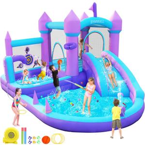 Water Bounce House for Kids 3-10, Purple Large Inflatable Bouncy Castle with Water Slide 550W Air Blower Jumping Space Ball Pit Swim Pool Basketball, Bouncy House for Party Birthday Event Gift