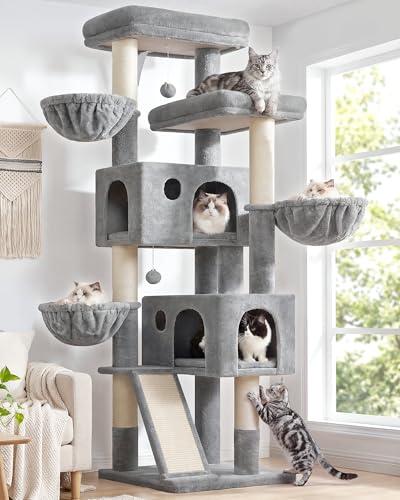 Globlazer Large Cat Tree, 72 inch Tall Cat Climbing Tower for Indoor Large Adult Cats Multi-Level Furniture Tree House with 2 Cozy Perches, 2 Padded Condos, 5 Sisal Scratching Posts, F72G, Light Grey