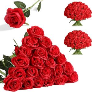 Nubry 24pcs Artificial Red Roses, Fake Silk Roses Flower with Long Stems, Realistic Flowers for Bridal Wedding Party Table Centerpiece Home Decor