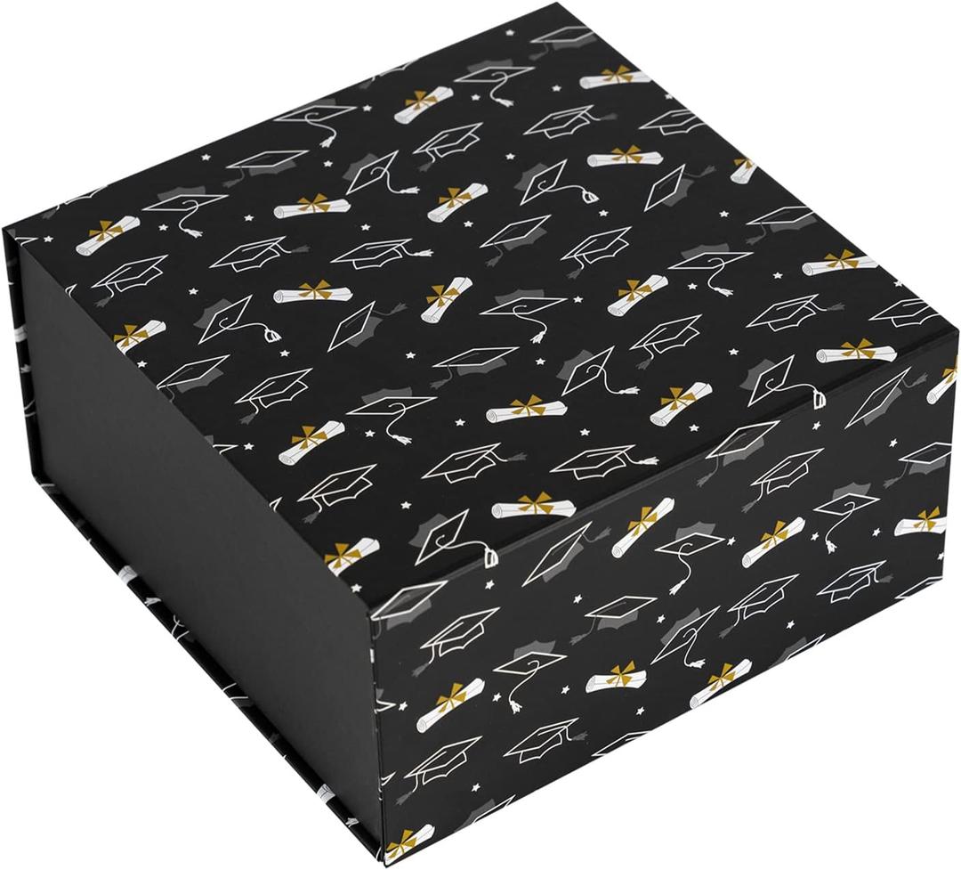 WRAPAHOLIC Graduation Gift Box with Lid - 8 x 8 x 4 Inches Trencher Cap Design, Collapsible Gift Box with Magnetic Closure and 2 Pcs Tissue Paper for Graduation, Party, Celebration