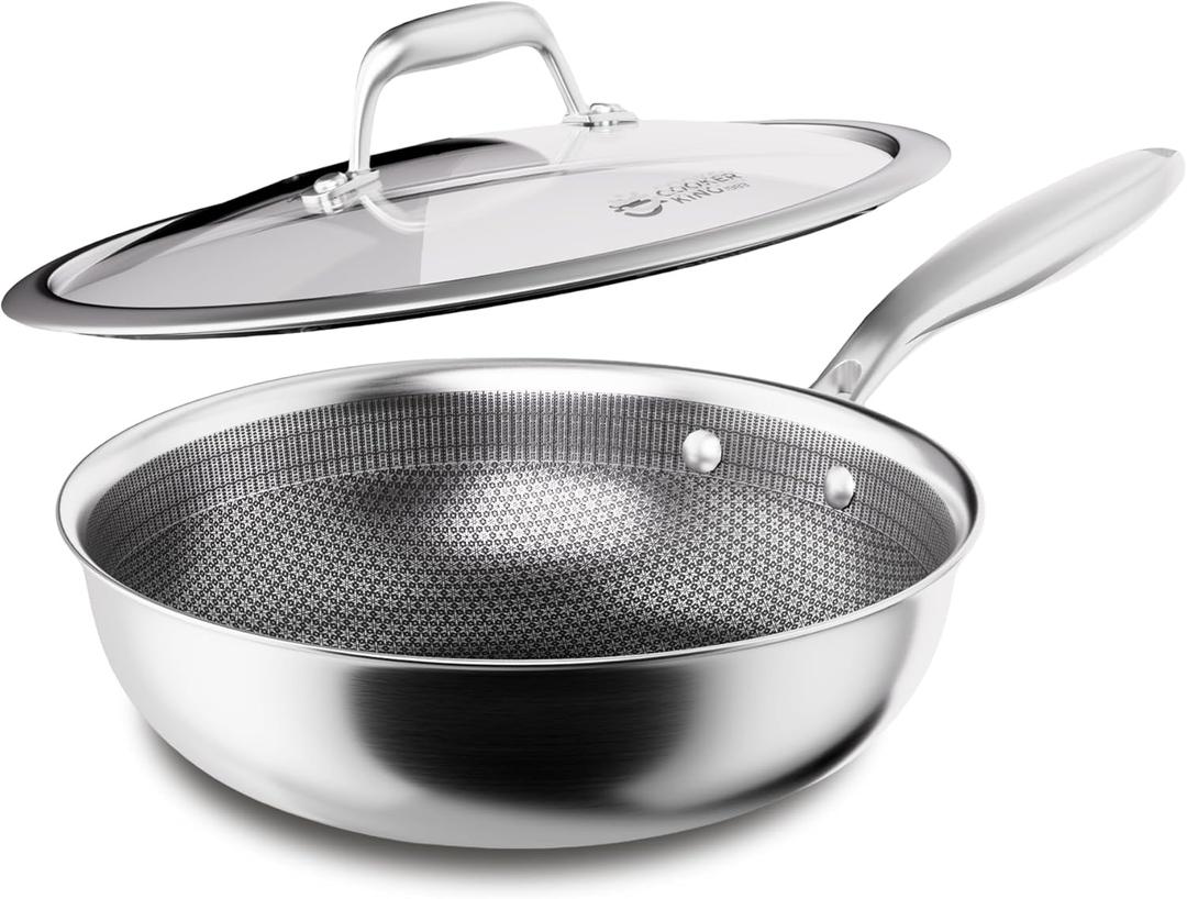 COOKER KING 10-Inch Hybrid Stainless Steel Wok with Lid, Nonstick Stir Fry Pan & Deep Frying Pan, Tri-Ply Clad Honeycomb Everyday Pan, Induction Ready, Oven & Dishwasher Safe, PFOA Free