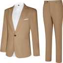 Linen Men Suit Set Casual Tuxedo 2 Piece Regular Fit Blazer One Button Solid Jacket and Pants for Prom Wedding Party (Beige, XXL)