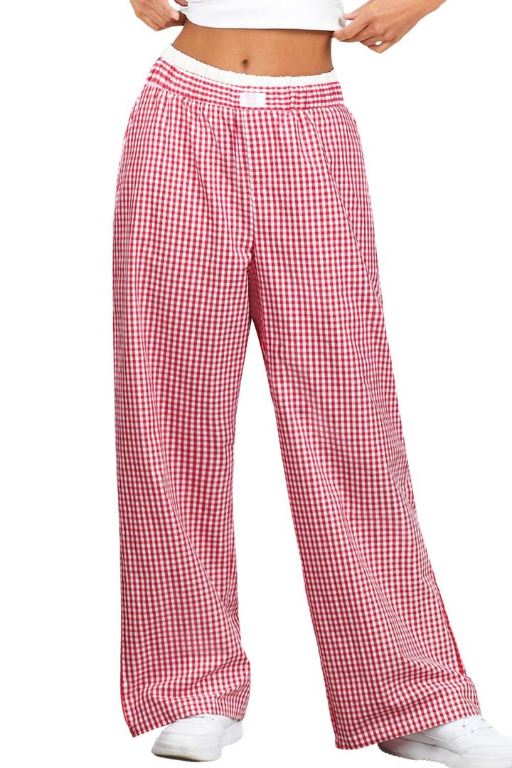 Women Plaid Pants Wide Leg Pajama Boxer Pants Elastic Waist Y2K Lounge Gingham Bottoms Red M (M)