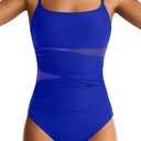 EVOCRCO One Piece Swimsuit for Women Tummy Control Mesh Bathing Suits Sexy Push Up Swimsuits Slimming Square Neck Swimwear Royal Blue. L Size