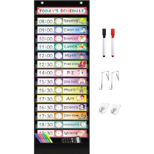 REGELETO 15+1 Pockets Daily Schedule Pocket Chart with 30 Pcs Double-Sided Reusable Cards, Scheduling Pocket Chart for Classroom Office Home Preschool Activity(Black)