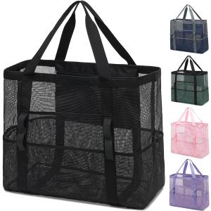 Mesh Beach Bag, Large Beach Tote with Zipper Pocket for Family Pool Bag for Toys & Vacation Essentials (Large - Black)