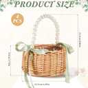 Thyle 4 Pcs Flower Girl Baskets with Handle, 7.87 x 4.33 Inch, Wicker Rattan Lightweight Brown Rustic Flower Girl Baskets for Wedding Ceremony, Bridal Shower and Home Decoration(Green Ribbon,Pearls)