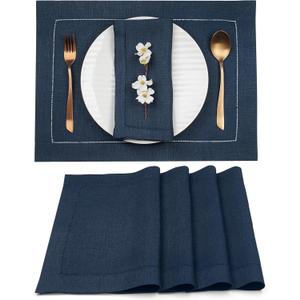 D'Moksha Homes Linen Placemats Set of 4 - Classic Hemstitch Navy Blue Placemats 14 x 19 Inch - 100% Pure Linen Table Mats for Easter - Handcrafted and Machine Washable