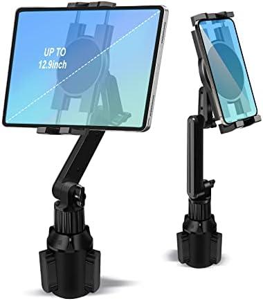 Cup Holder Car Tablet Mount for Truck, 360° Adjustable 15" Long 2-Arm Stand Holder for iPad Pro 12.9/11/10.5/9.7/Air/Mini 6/5/4, Samsung Galaxy Tab/Z Fold 6/5/4, iPhone 16/15/Pro, 4.7-12.9" Tab &Phone