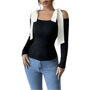 Women's Bow Knot Shoulder Colorblock T Shirt Long Sleeve Slim Fit Elegant Tee Tops (Large, Black)