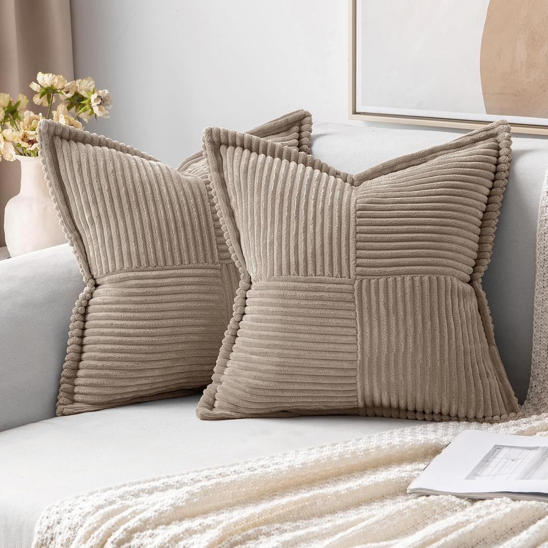 MIULEE Light Brown Corduroy Pillow Covers 18x18 Inch with Splicing Set of 2 Soft Boho Striped Pillow Covers Broadside Decorative Textured Pillowcases for Couch Cushion Bed Livingroom