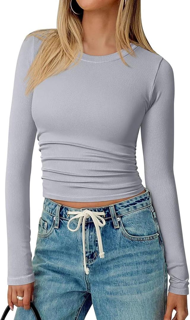 TOB Womens Shirts Long Sleeve Crew Neck Basic Fitted Crop Tops Casual Fashion T-Shirt for Women (Gray, S)