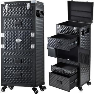 Rolling Makeup Case Salon Cart 5-In-1 Cosmetology Case on Wheels 3 Drawers
