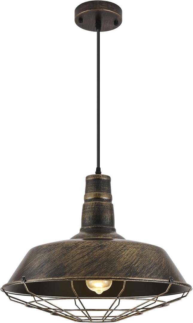 Brass Industrial Pendant Lights 1 Pack, 18.1 Inch Oversized Farmhouse Vintage Pendant Light, Black and Brass Barn Pendant Light with Wire Cage, Island Pendant Lights for Kitchen Warehouse