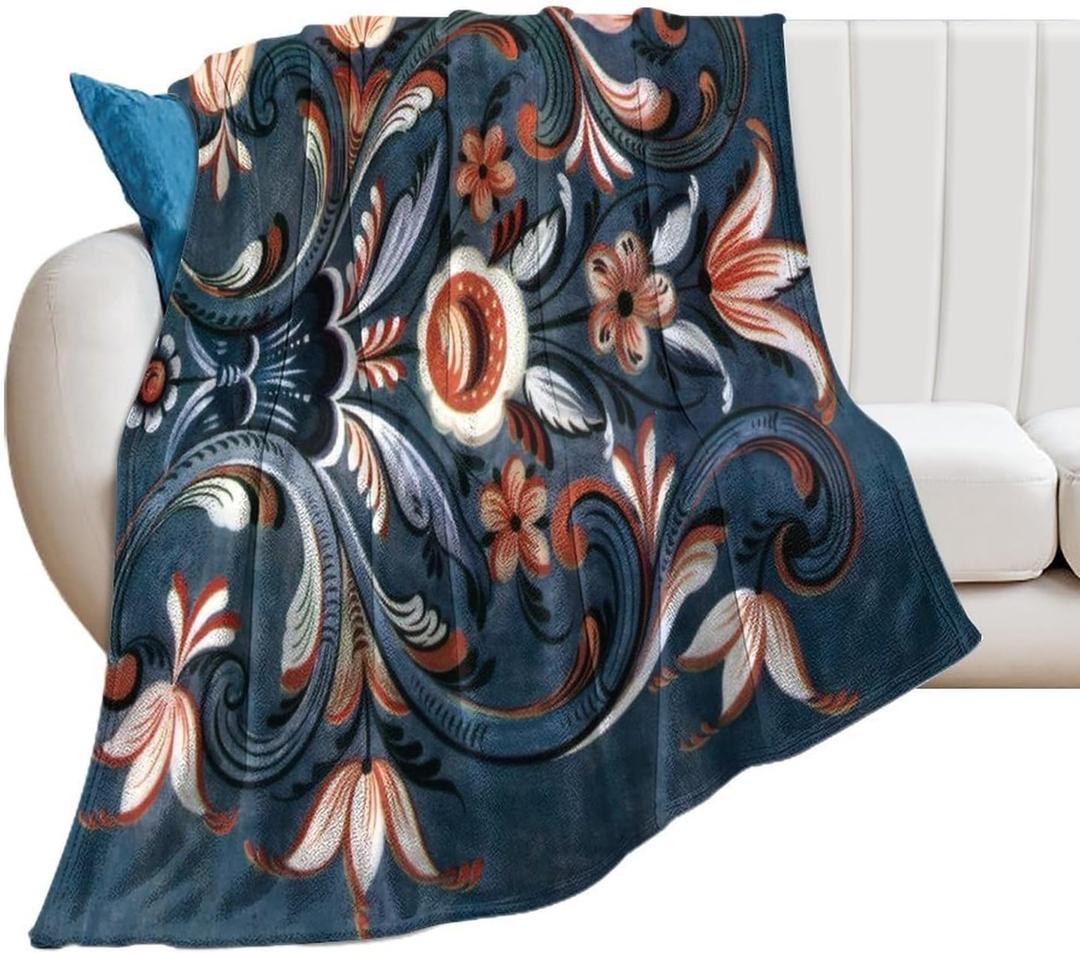 Norwegian Rosemaling Folk Style Flannel Throw Blanket Ultra-Soft Cozy Plush Blankets for Couch Chair Bedroom Living Room Air Conditioning Room 50"x60"