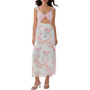 Women Sexy Lace Patchwork Mesh Dress Floral Print Cutout Sweetheart Neck Backless Slit Summer Maxi Dress (L)