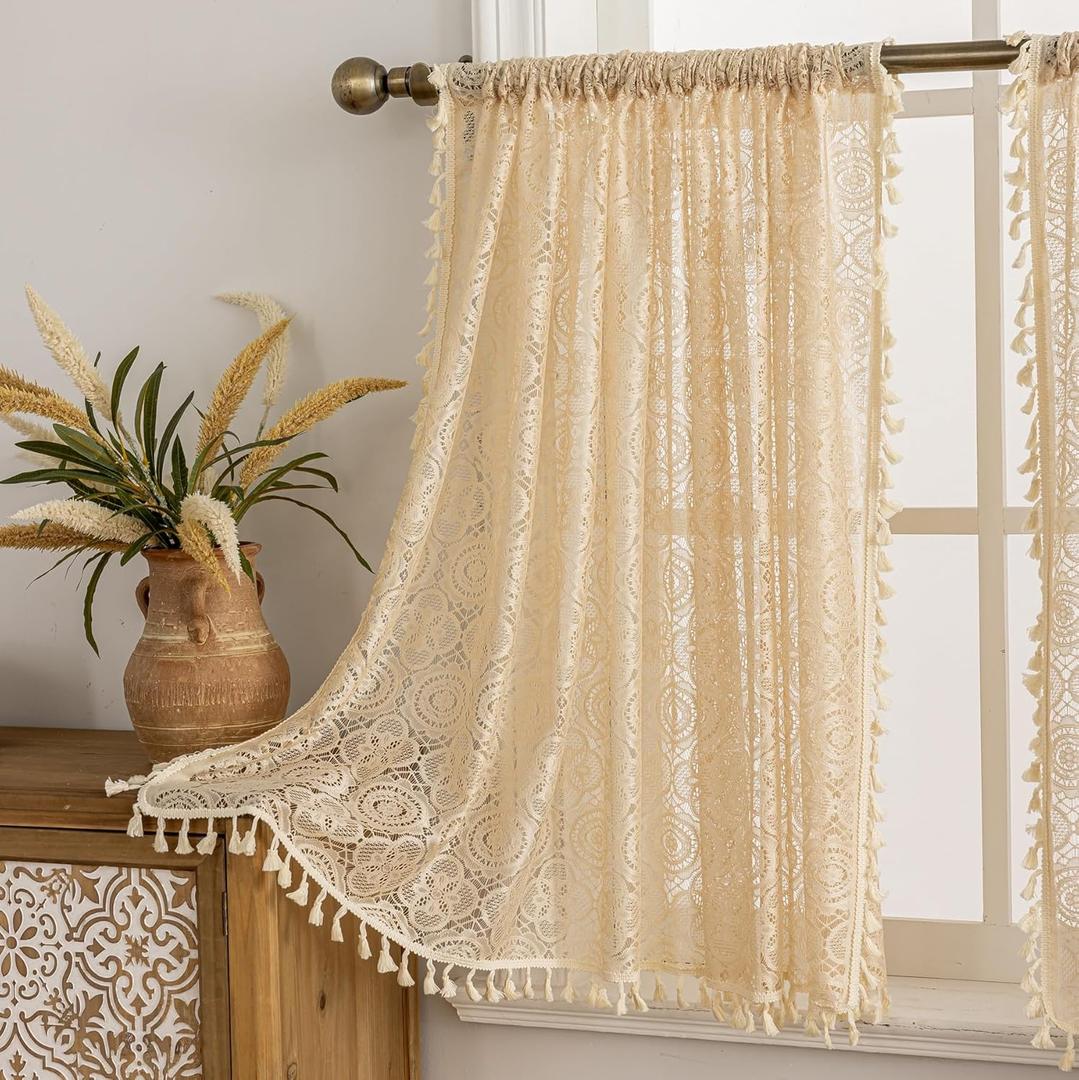 YJ YANJUN Boho Lace Curtains 36 inch Length 2 Panels, Beige Floral Kitchen Window Curtains Over Sink,Each 59" W x 36" L, Crochet Country Short Tassel Cafe Drapes for Laundry Room Basement Bathroom