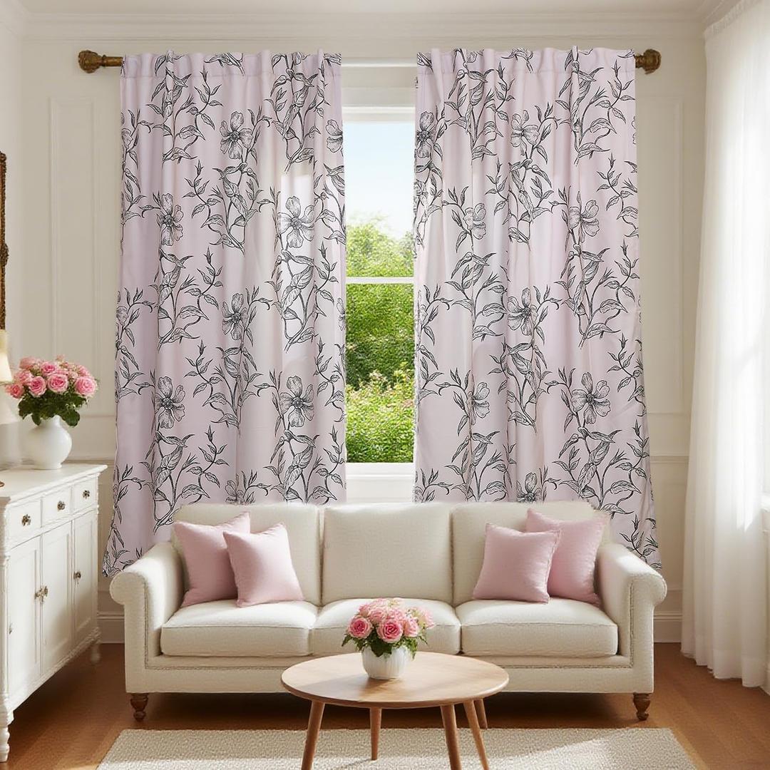 Semi Sheer Curtains 63 Inches Long 2 Panels - Back Tab & Rod Pocket Floral Botanical Line Art Curtain Drapes, Light Filtering Privacy Window Treatments for Modern Farmhouse Homes, 52Wx63L