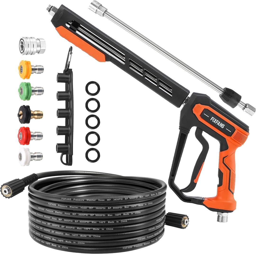 FIXFANS Pressure Washer Gun and Hose Kit, 25 FT High Power Washer Hose with Replacement Wand Extension, 5 Nozzle Tips, M22 Fitting