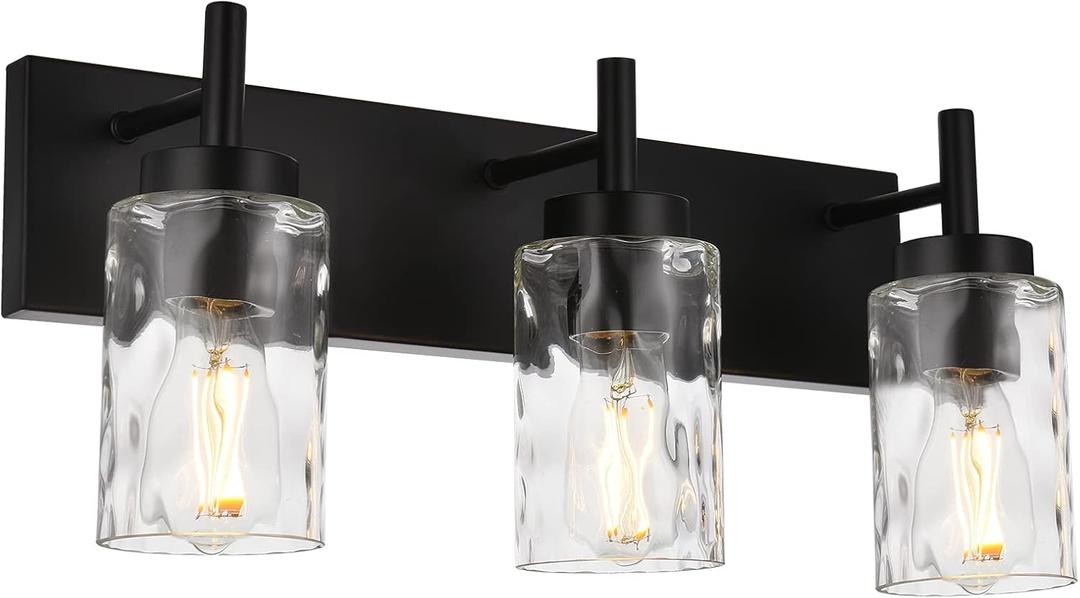 BONLICHT Vanity Light Fixtures 3 Light Modern Wall Sconces Lighting Black Bathroom Lights Wall Mounted with Hammered Glass Shade,Farmhouse Wall Light for Mirror Cabinets, Powder Room, Dressing Table