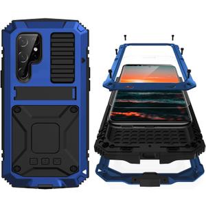 Simicoo Compatible with Samsung S23 Ultra Metal Military Case with Stand Screen Protector Camera Protection Rugged Heavy Duty Shockproof Full Body Cover Tough Dustproof for Men (Blue)