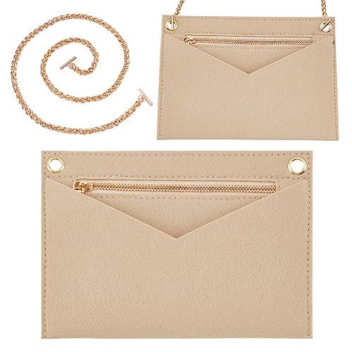 WADORN Purse Organizer Insert Conversion Kit with Gold Chain, 22x15.5cm Extra Big Size Handbag Organizer Insert 61cm Chain Large Inner Pocket Liner for Big Clutches Envelope Bag Handbag Convert, Beige