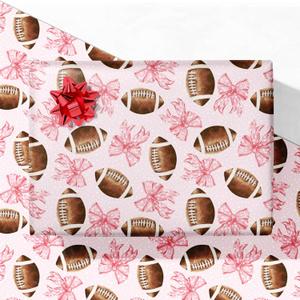 GIOLNIAY Football Wrapping Paper for Kids Adults - Holiday Gift Wrap with Pink Paper, Footballs and Red Bows - 4 Jumbo Sheets, 28" x 40" Each (32 sq. ft ttl), Easy to Store