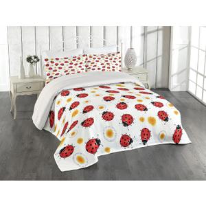 Lunarable Ladybugs Coverlet Set Queen Size, Summer Motif of The Ladybird and Flowers Spring Bloom Chamomiles Illustration, 3 Piece Decorative Quilted Bedspread Set with 2 Pillow Shams, Marigold Black