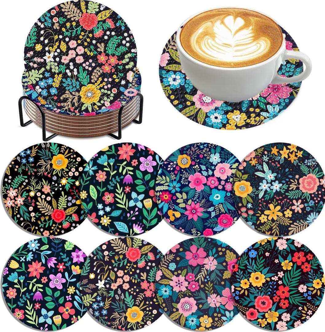 2 x mrpwnle 8 Pack Diamond Art Coasters Kits Flowers Diamond Painting Coasters Kit Set with Holder Cork Pads DIY Coffee Drink Diamonds Art Non Slip Coaster Crafts Kits for Adults Beginners Gifts