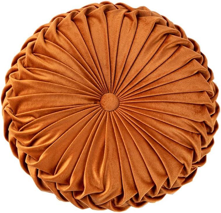 NatureMan 13.7 inch Round Sofa Cushion Pure Color Velvet Home Decor, Pleated Round Cushion, Pumpkin Pillow Suitable for Home Bed car Decoration (Orange)