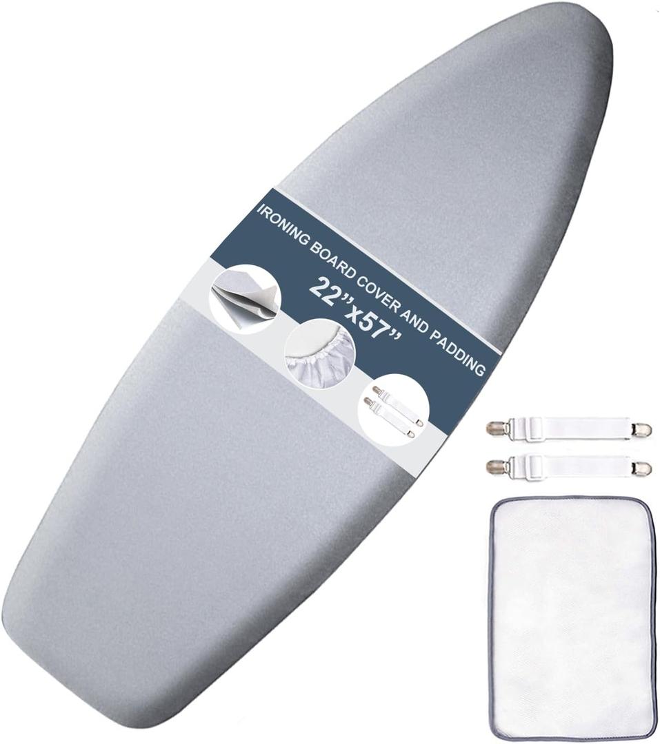 SheeChung Ironing Board Cover and Pad 22x57,Thick Iron Board Cover with Padding,Heat Reflective and Scorch Resistant,Wide Ironing Board Cover with Adjustable Fasteners and Velcro,Silver Grey (Gray)