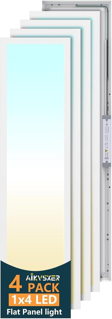 AIKVSXER 4 Pack 1x4 LED Flat Panel Light, 50W 5500LM Surface Mount Ceiling Fixture, 3CCT (3000K/4000K/5000K), Ultra-Thin 48In, 10-100% Triac Dimmable for Kitchen, Garage, Office, Basement, 1x4ft 4pack Wz