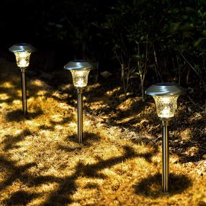 GIGALUMI 8 Pack Solar Pathway Lights, Solar Garden Lights Outdoor Warm White, Waterproof Led Path Lights for Yard, Patio, Landscape, Walkway (Stainless Steel) (Silver)