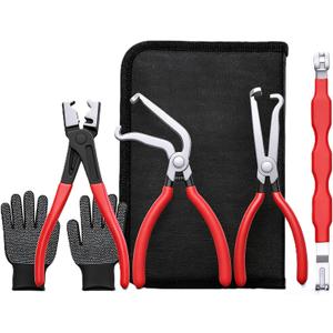 5-Pcs Kit Electrical Disconnect Pliers Set w/Gloves - Auto Connector Tool for Fuel Line, Wiring, Sensors & Coils | Quick-Release Car Truck Repair (Red)