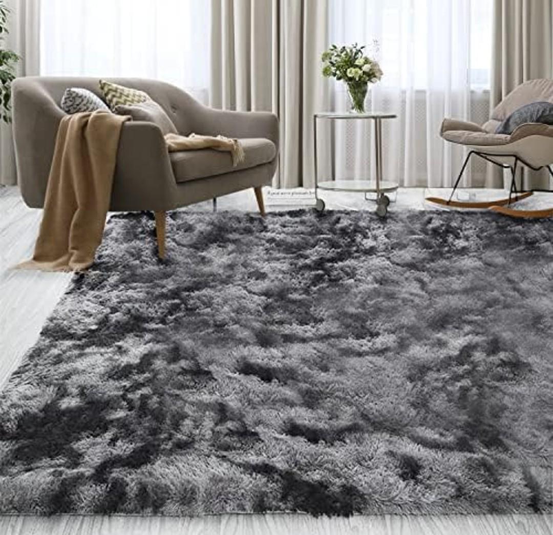 Tie Dye Shaggy 5x7 Area Rug - Fluffy Area Rug for Living Room, Bedroom, and Nursery - Plush Faux Fur Carpet for Modern Home Decor and Room Aesthetic (Dark Grey)