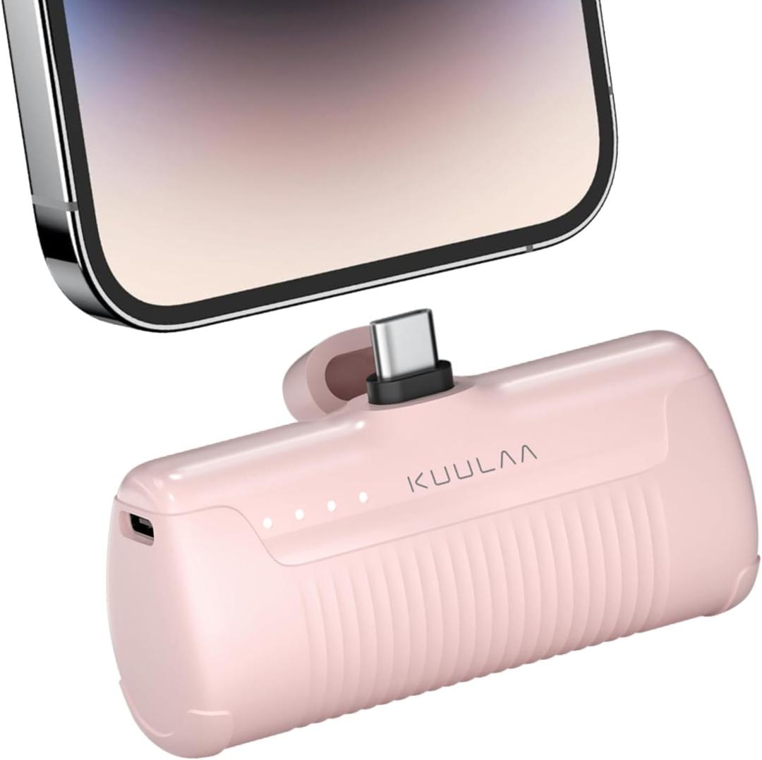 Kuulaa Portable Charger USB C with Built-in USB-C Plug, 4500mAh Mini Power Bank Small Battery Pack for iPhone 15/16,Samsung S22/S23 & Android (Pink)