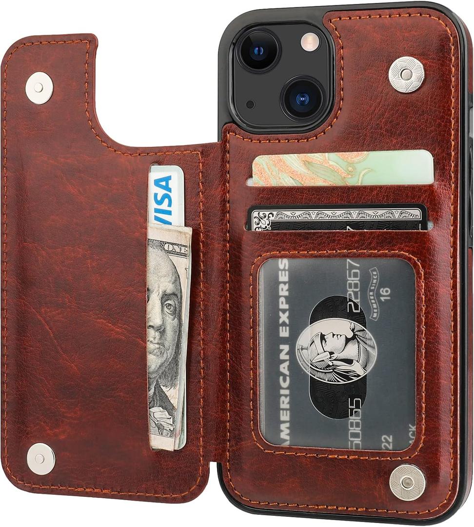 ONETOP Compatible with iPhone 13 Wallet Case with Card Holder, PU Leather Kickstand Card Slots Case, Double Magnetic Clasp Durable Shockproof Cover 6.1 Inch(Brown)