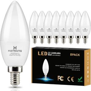 hansang 8 Pack E12 Candelabra LED Bulbs 5000K Bright Daylight, Small Base Ceiling Fan Light Bulb 6W, Type B Light Bulb for Chandelier, Candle Shape B11 Light Bulb, 600LM, Non-dimmable