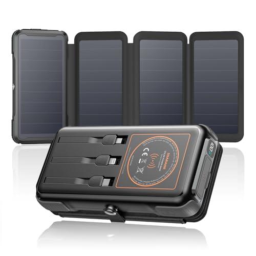 SOARAISE Wireless Solar Power Bank, 25000mAh Solar Charger with Built-in 3 Cables, Dual Outputs, 4 Solar Panels & 3 LED Flashlights, Portable Phone Charger for Outdoor Camping (Black）