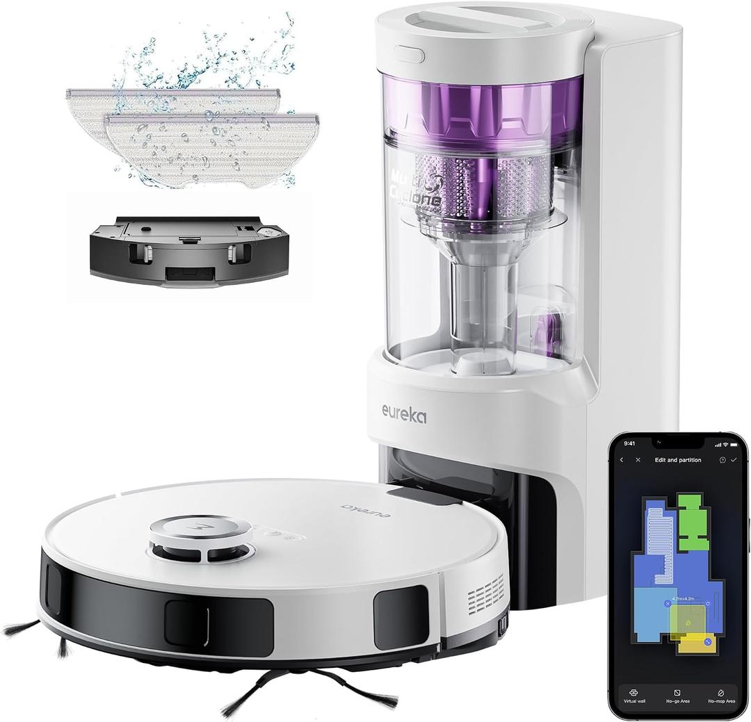 Eureka Robot Vacuum with Bagless Self Emptying Station, 2 in 1 Robotic Vacuum and Mop Combo, 60-Day Capacity, 4000Pa Suction, Auto Lifting Mop, LiDAR Navigation, NER E10s