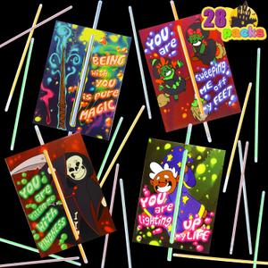 JOYIN 28 Halloween Craft Invitations Cards with Glow in The Dark Sticks for Kids Trick or Treat Party Gift Away, School Classroom Hangout Greeting.