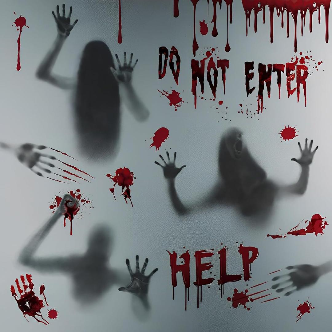 2 x Halloween Decorations, Window Stickers, Scary Bloody Handprint Skullprint Footprint Decals for Window Floor Glass Bathroom Indoor Outdoor Party Decor5 Styles