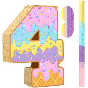 Aoriher Summer Birthday Piata Ice Cream Game Set Summer Number Piata with Bat Stick Blindfold Mask Confetti for Sundae Theme Birthday Baby Shower Party Game Supplies Decor(Number 4)
