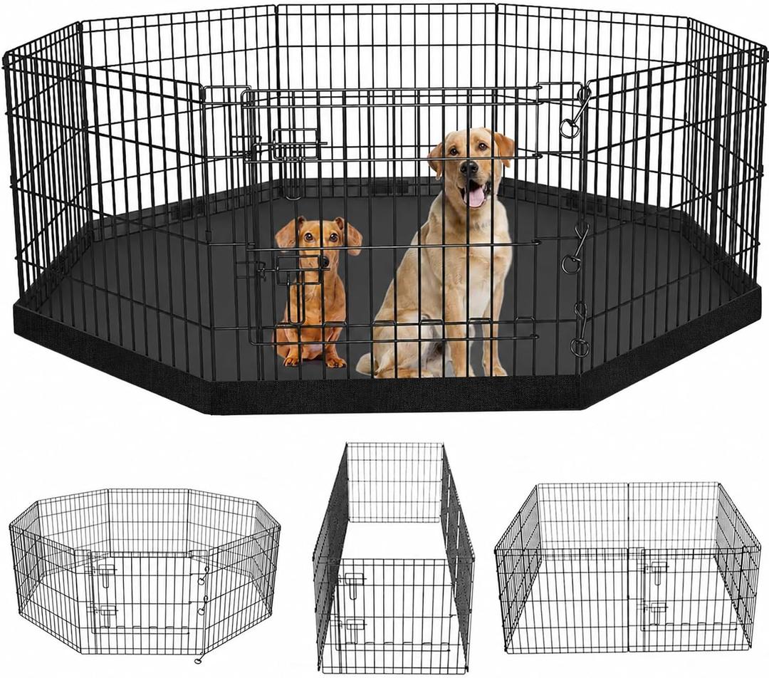 PETIME Foldable Metal Dog Exercise Pen/Pet Puppy Playpen Kennels Yard Fence Indoor/Outdoor 8 Panel 24" W x 24" H with Bottom Pad