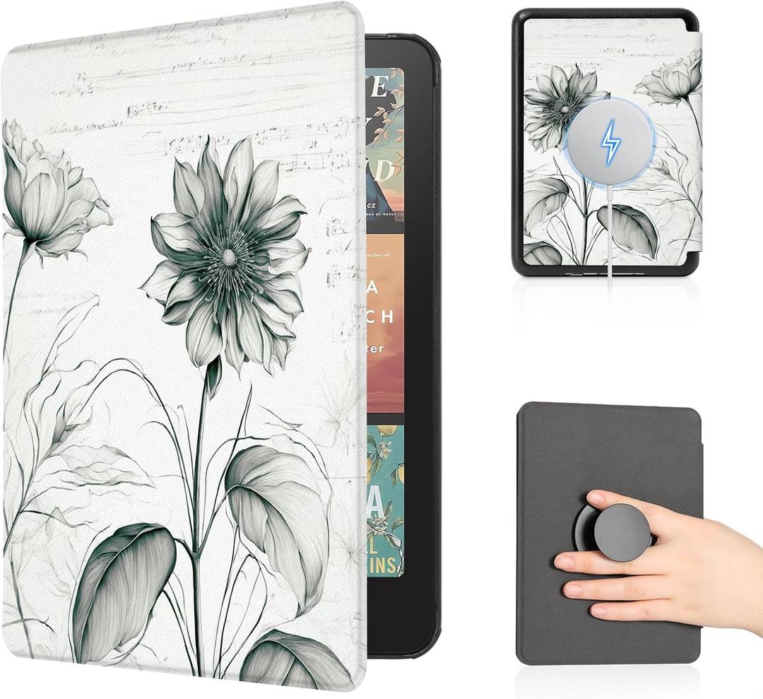 CoBak Case with Fold-Back Magnetic Cover for 7" Kindle Paperwhite 12th Gen 2024 and Kindle Colorsoft - for PopSockets Grip, Compatible with iPhone MagSafe and Anker Wireless Charging Pads, Auto Wake (Sketch Sunflower)