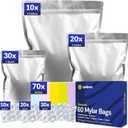 60-Pack 14 Mil Mylar Bags with Oxygen Absorbers, Gusseted 5 Gallon(10), 1 Gallon(20) & 1 Quart(30) Bags with 2500cc, 500cc & 300cc OA - Resealable Mylar Bags for Food Storage with Colourful labels