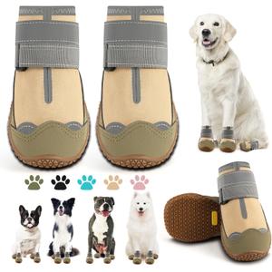 Dog Boots for Large Dogs, Medium Dog Boots & Paw Protectors for Hardwood Floors, Outdoor Dog Booties for Hot Pavement Winter Snow Hiking, Dog Shoes with Reflective Strips (Width 2.36 Inch, Light Khaki)